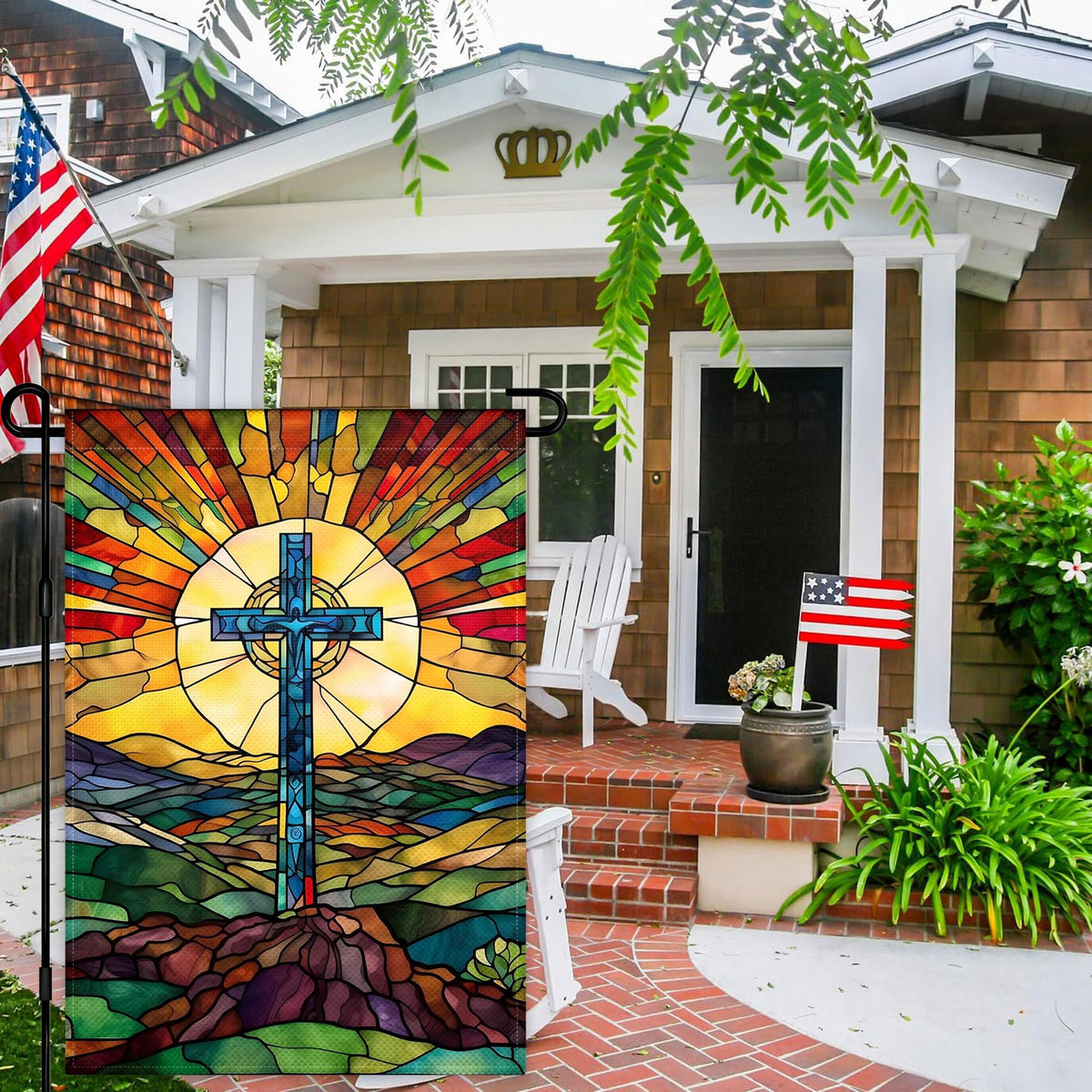 KNAPAL Cross detail in stained glass style enhances yard ambiance.