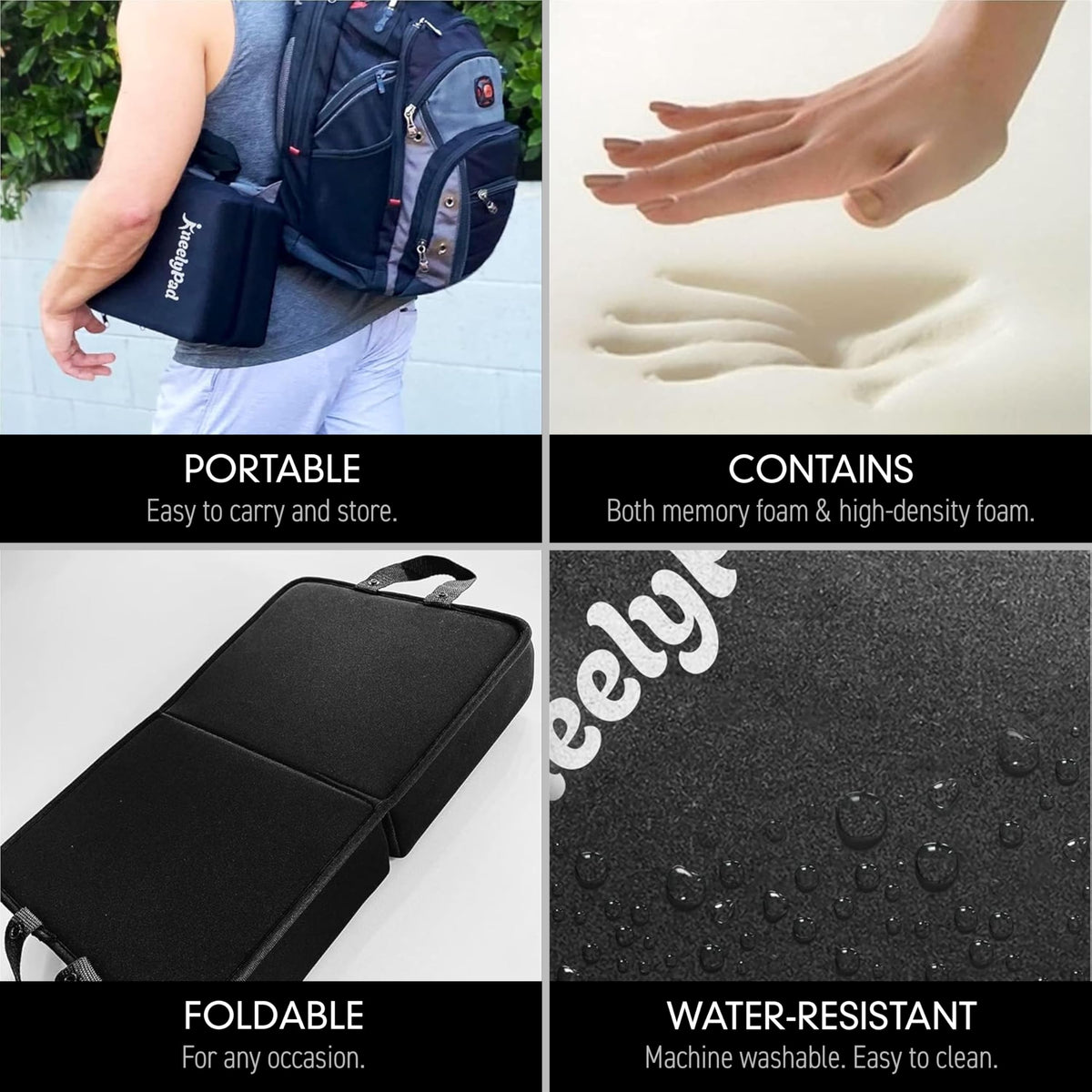 KneelyPad foldable knee pad with handle enables easy transport.