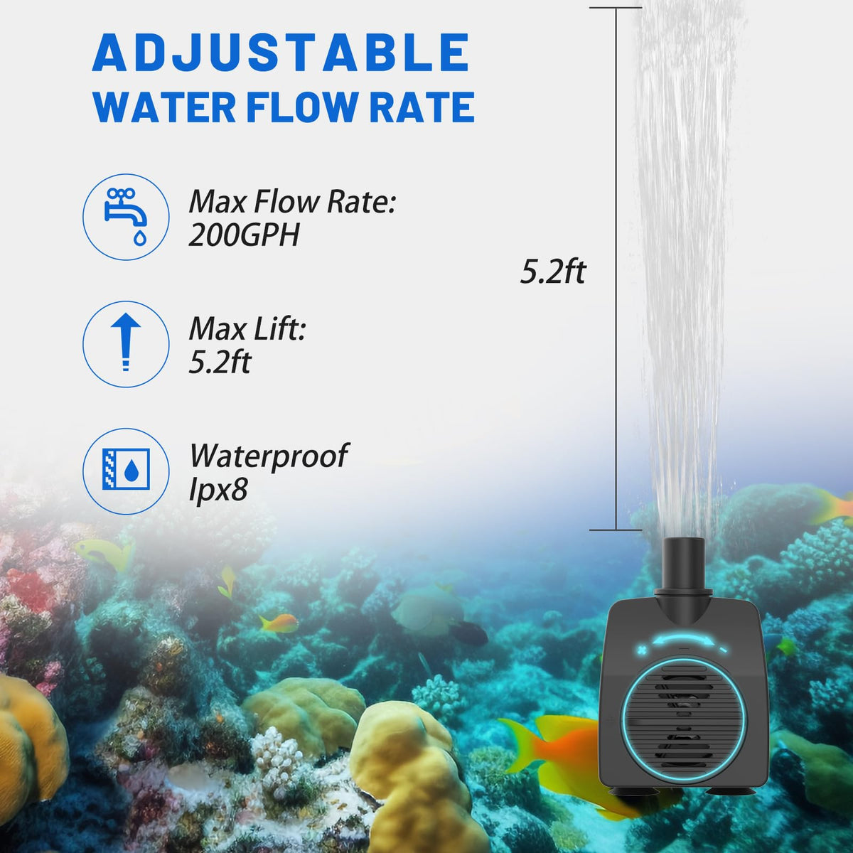 Knifel pond fountain deployment suitable for aquariums and hydroponics.