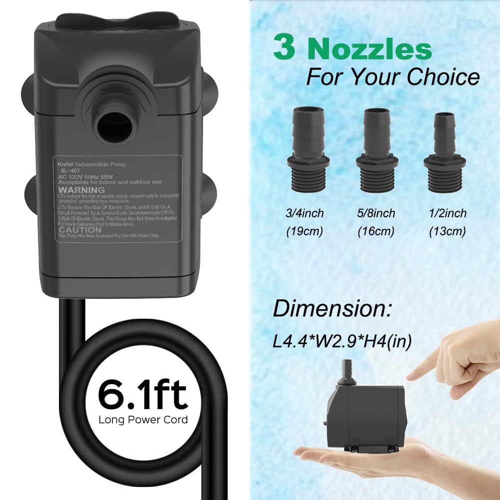 Knifel 8.2 ft lift pump powers fountains and deeper water features.