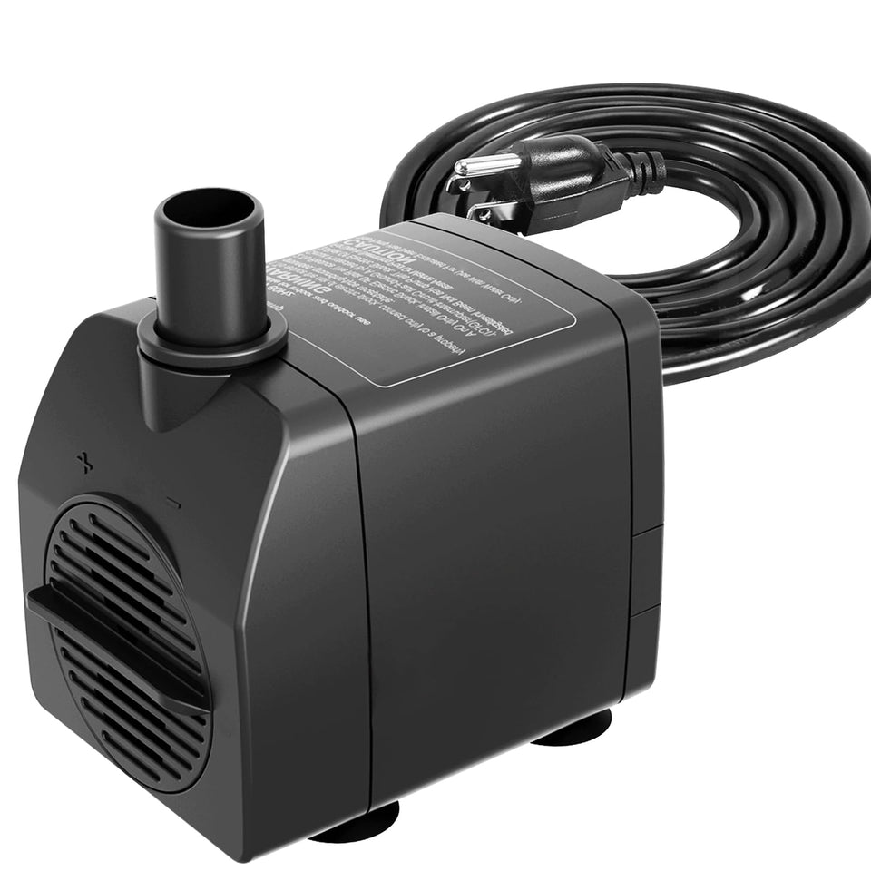 Knifel submersible pump 200GPH front view showing compact, quiet design for water features.