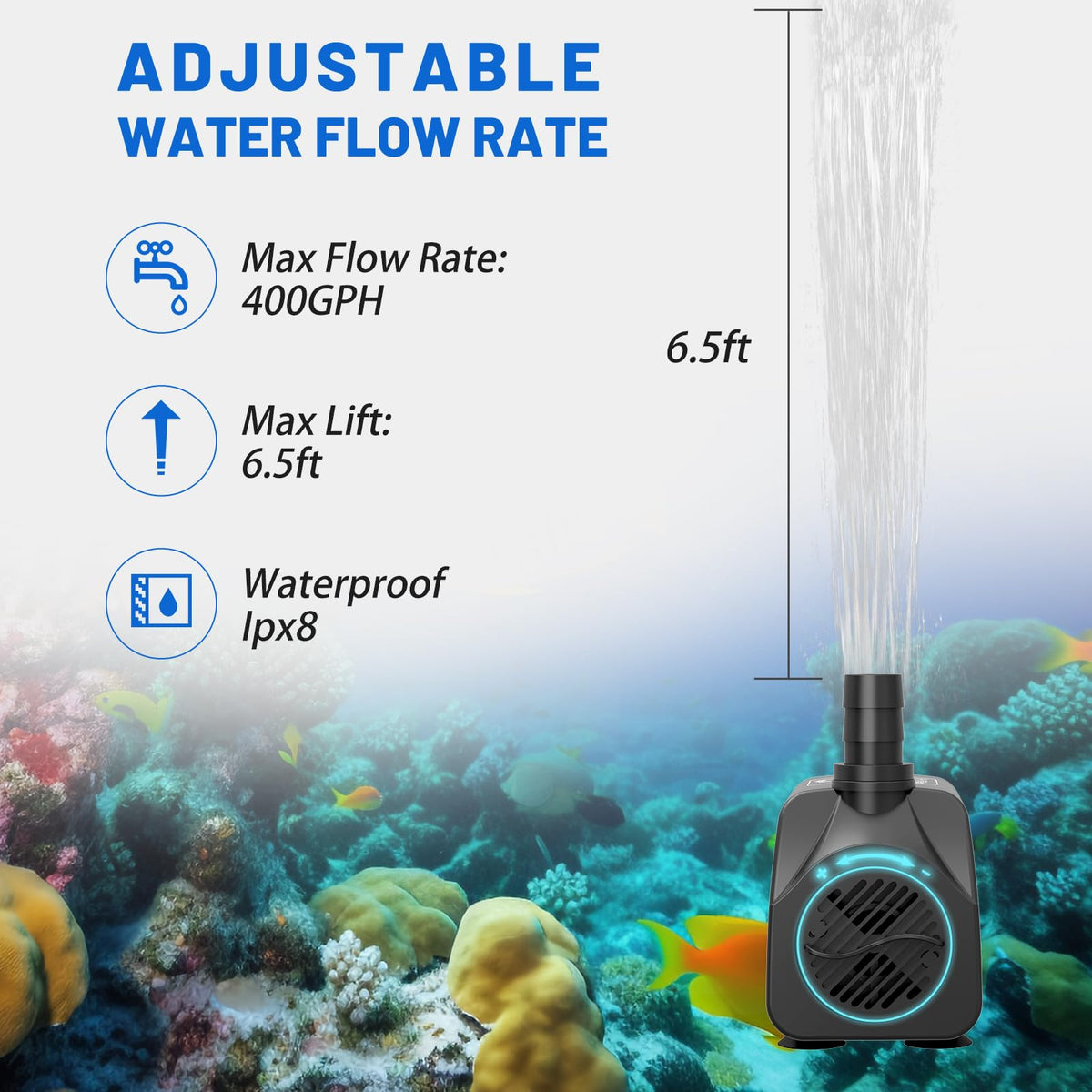 Knifel submersible water pump showing adjustable flow for versatile pressure.