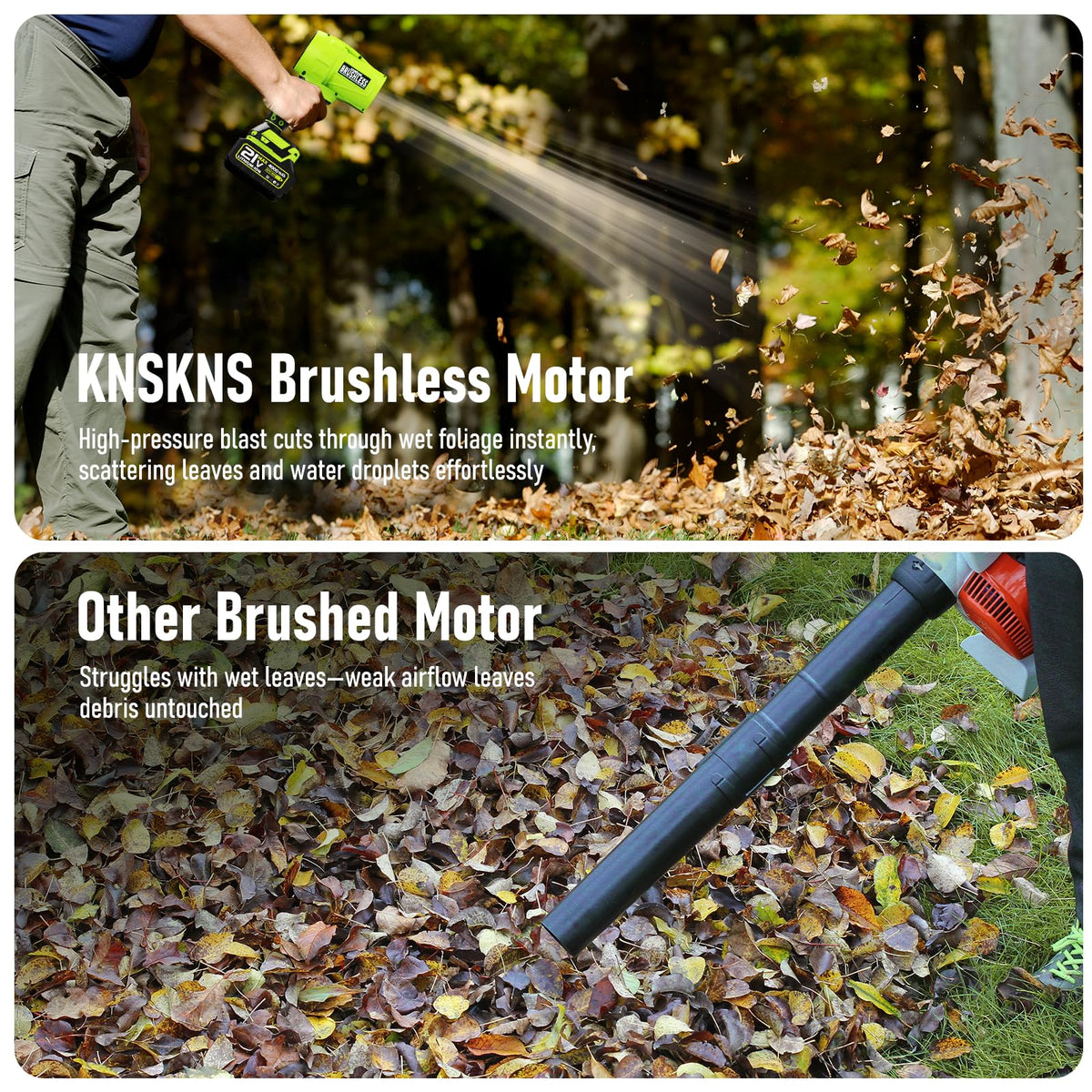 KNSKNS leaf blower turbo jet action blasts through leaves.
