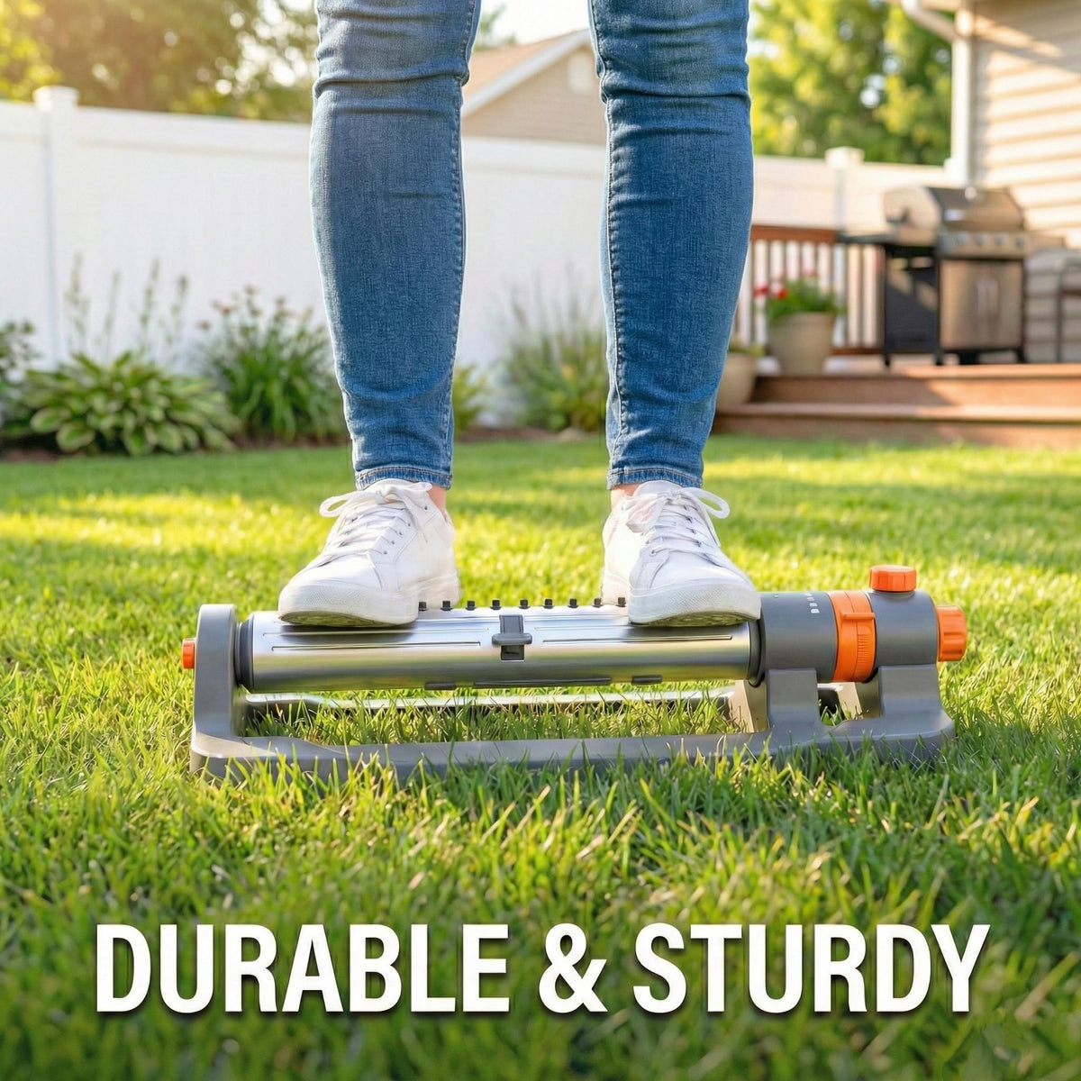 KOBAZ sprinkler showing adjustable spray for precise bed watering