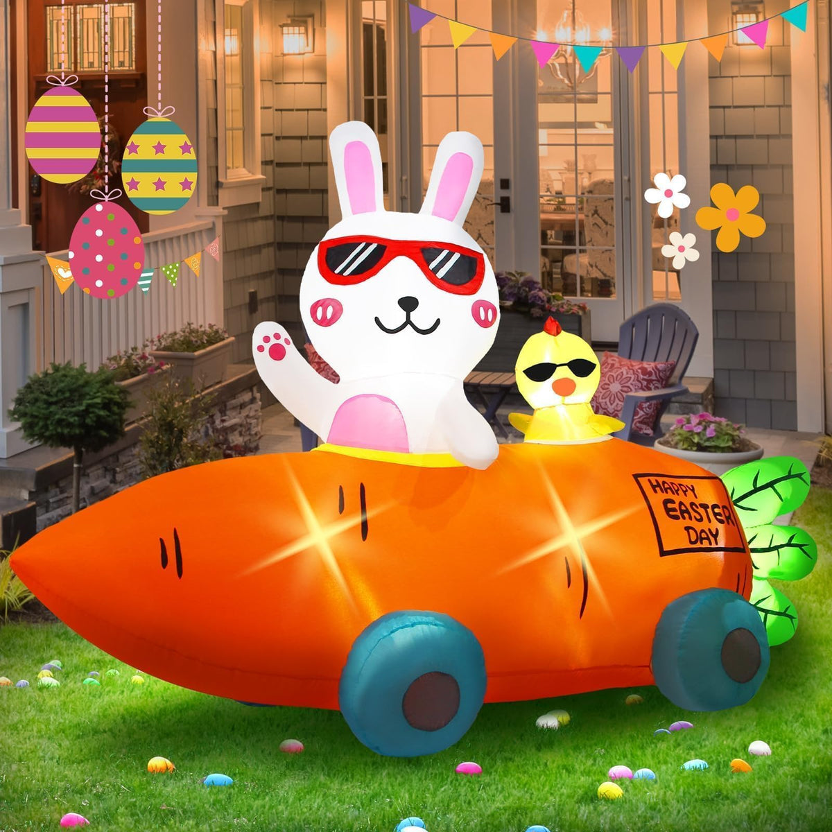 Kofero Easter inflatable bunny wearing sunglasses waving for eye-catching yard decor.