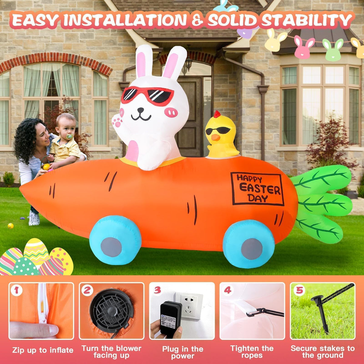 Kofero Easter inflatable uses a power cord for reliable outdoor display safety.
