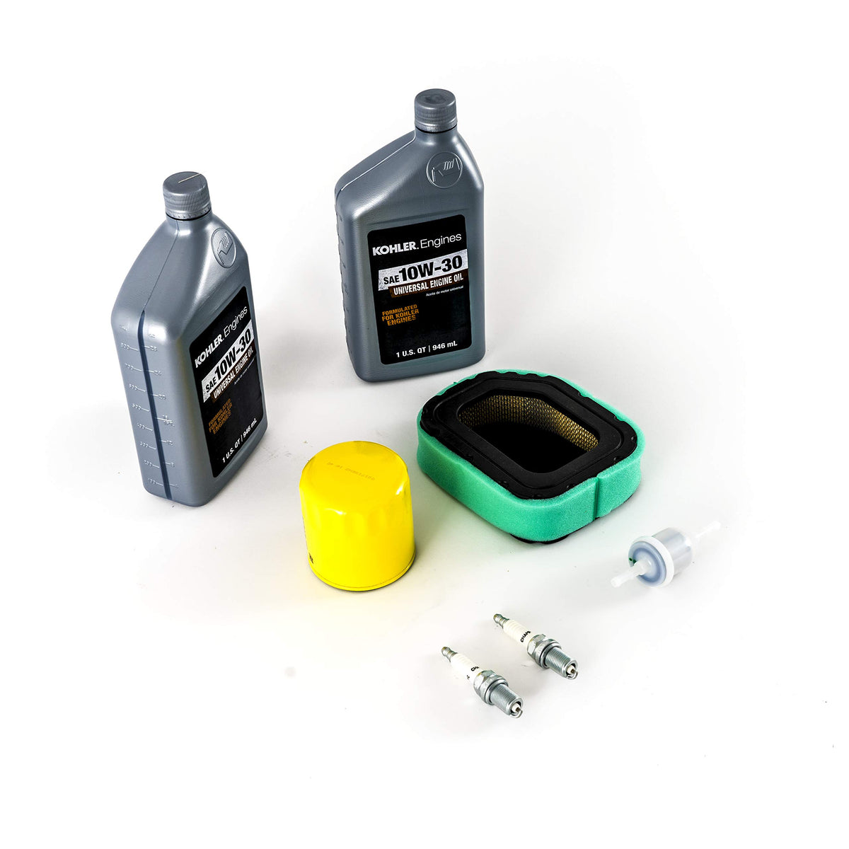 Kohler maintenance kit contents layout shows filters, plugs, and parts.