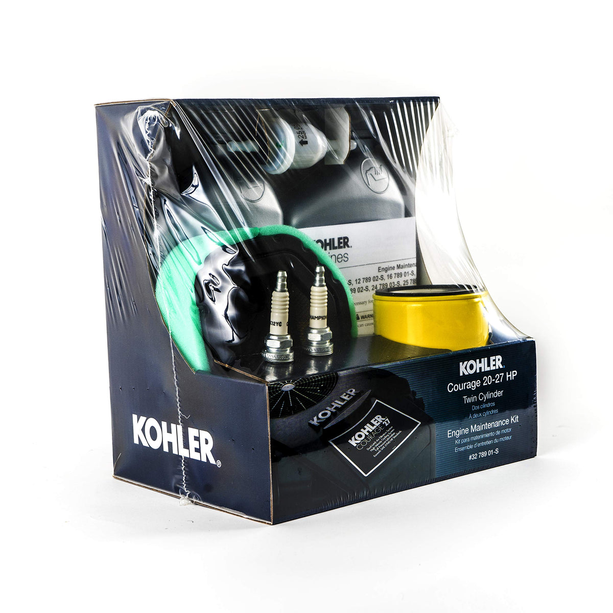 Kohler maintenance kit spark plugs ready for installation.