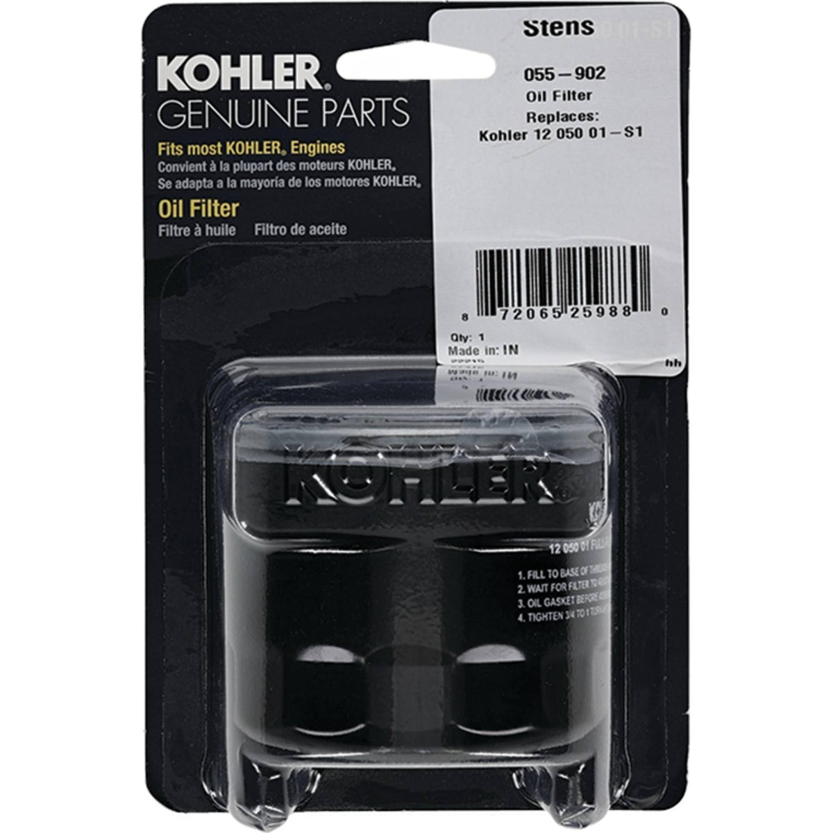 Kohler oil filter compatibility image indicates fit with Kohler engines in systems