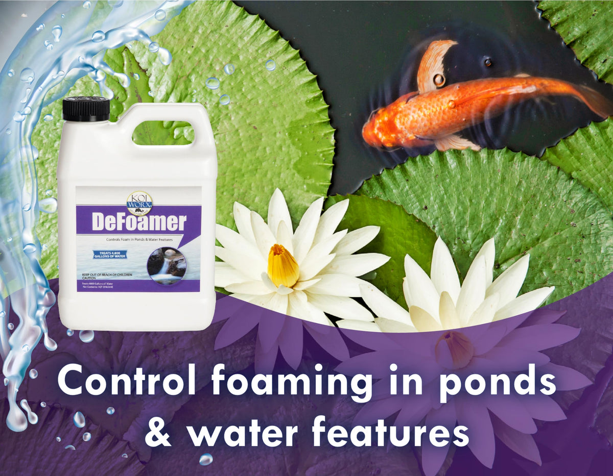 Koi Worx Defoamer foam-control pond scene restoring surface clarity.