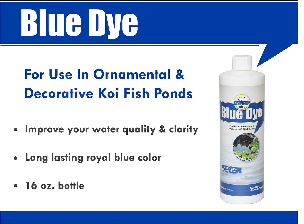 KoiWorx Blue Dye bottle pouring into pond for aesthetic enhancement.