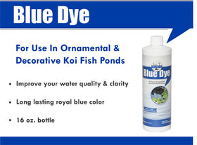 KoiWorx Blue Dye bottle pouring into pond for aesthetic enhancement.