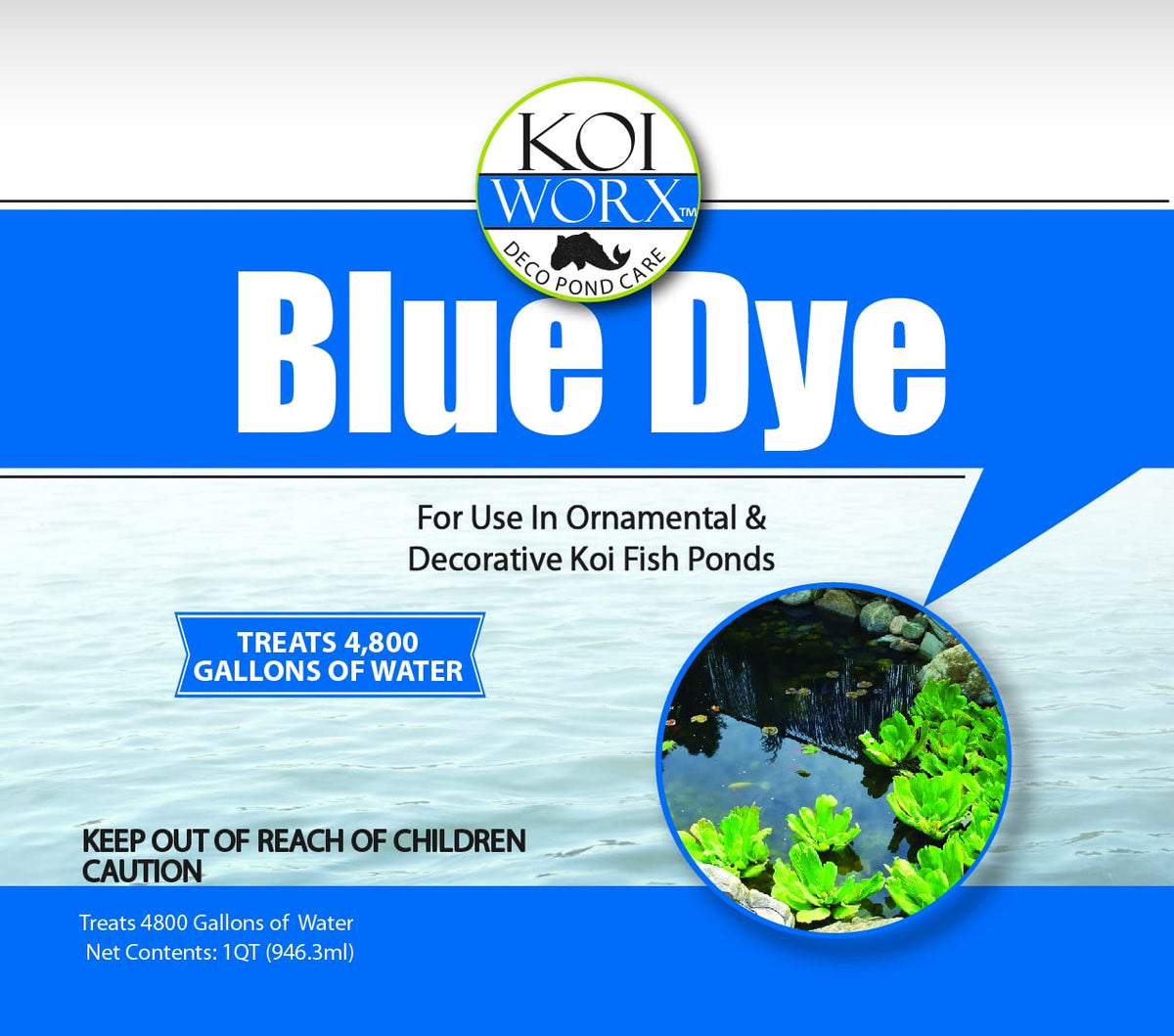 KoiWorx Blue Dye treats about 2,400 gallons, ideal for larger ponds.