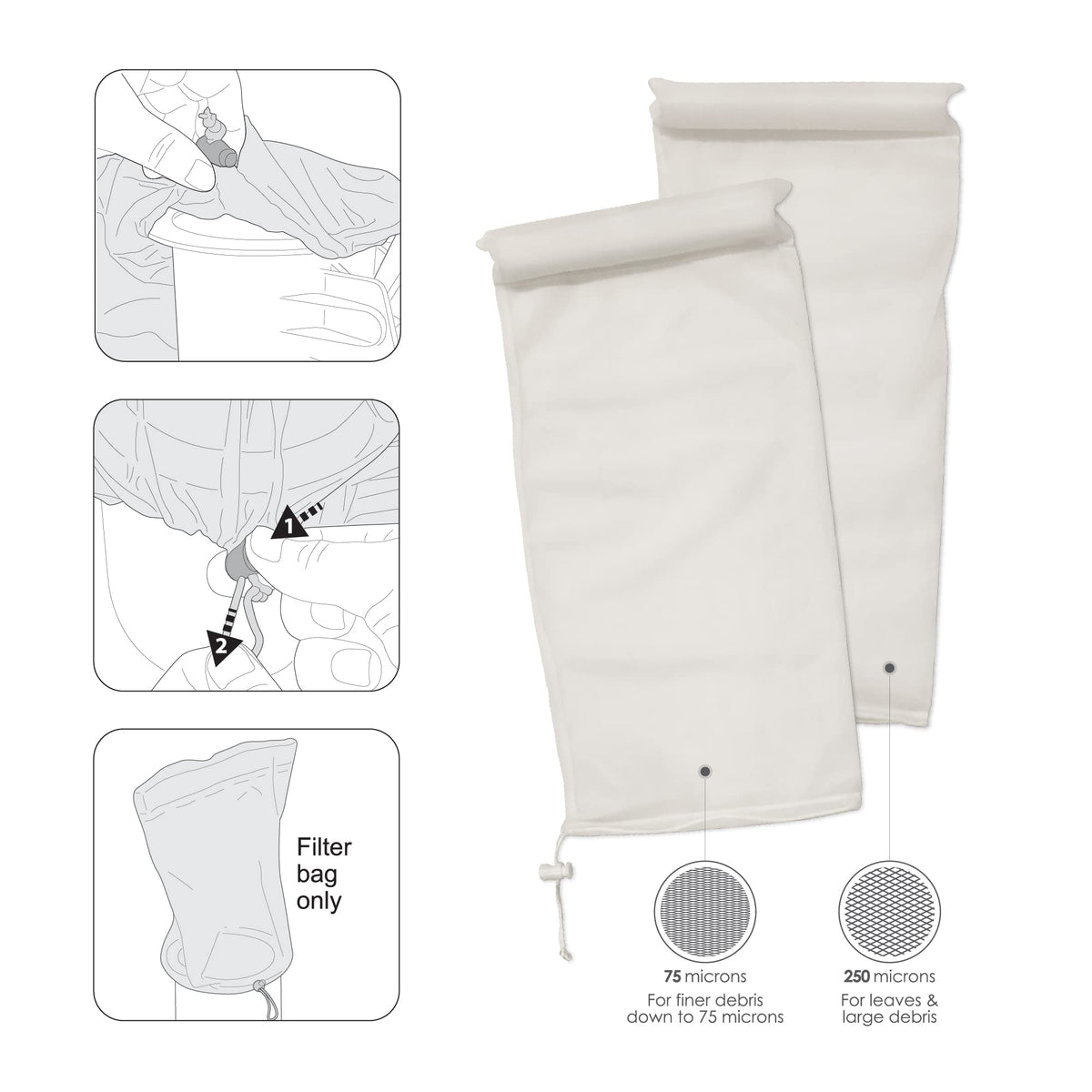 Large-capacity Kokido filter bag holds leaves before emptying
