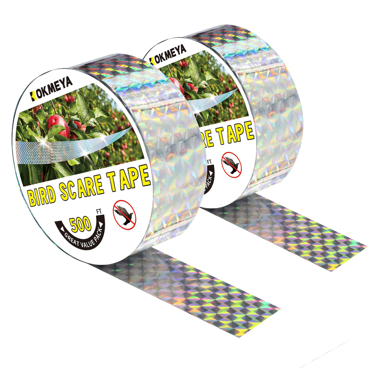 KOKMEYA bird scare tape roll 500ft to deter birds with dual-sided reflection for outdoor spaces.