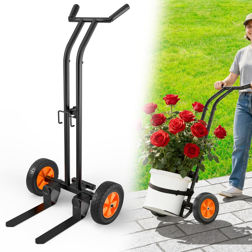 Koknows heavy-duty plant dolly with wheels moving a large pot indoors and outdoors