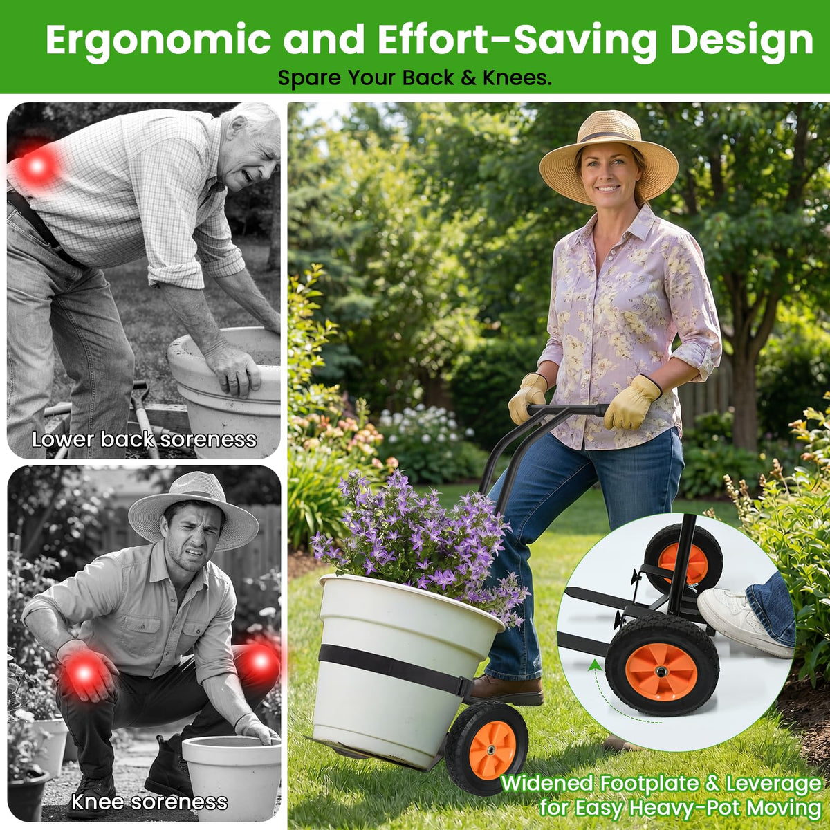 Koknows 8-inch flat-free wheels glide across grass and deck smoothly