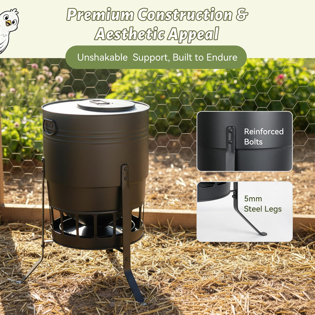 KOL 50 lb capacity feeder reduces refills by keeping more feed inside.