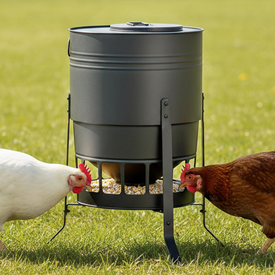 KOL Chicken Feeder No Waste with spill-control baffle for cleaner coops.