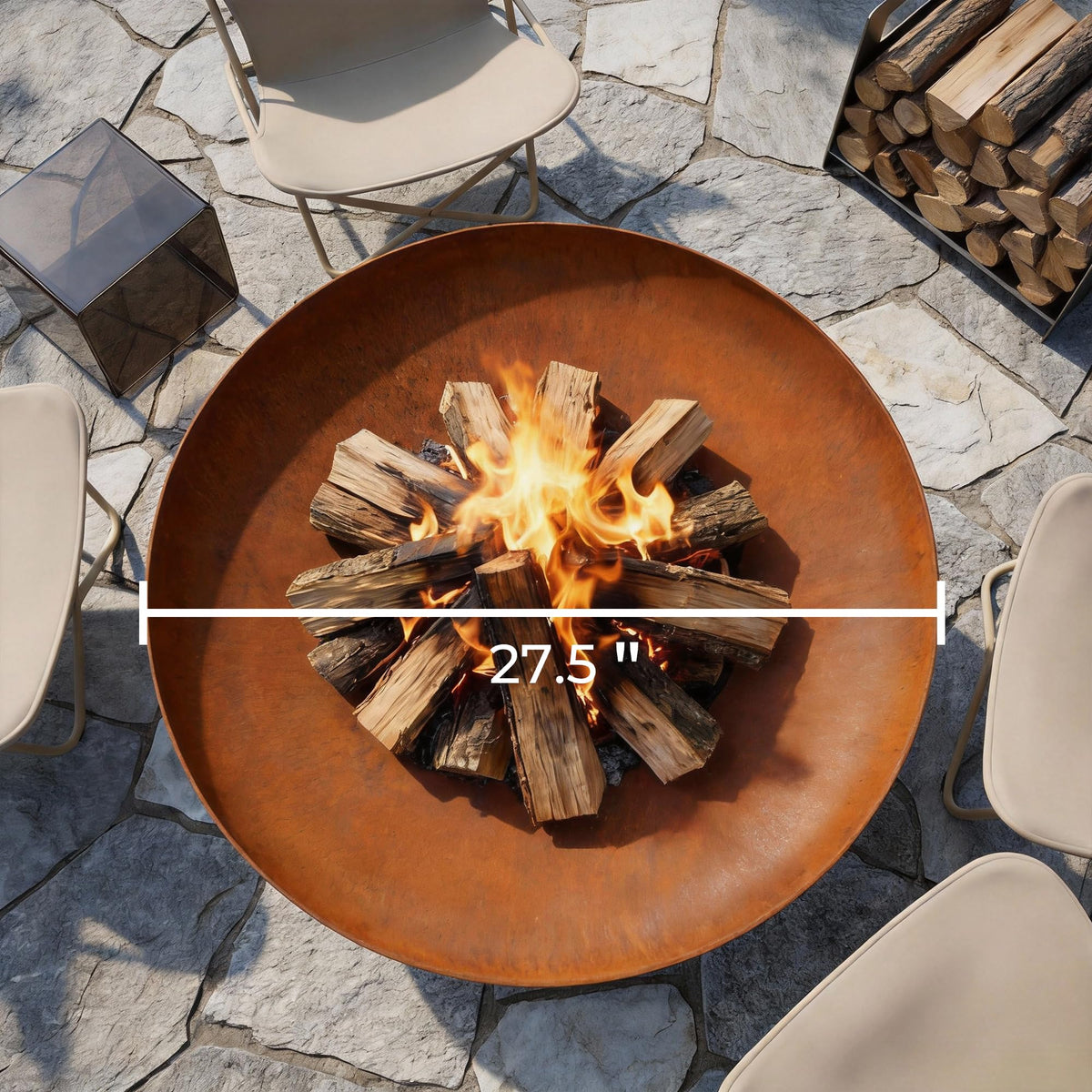 KOL Fire Pit open flame delivers bright natural flames for cozy evenings