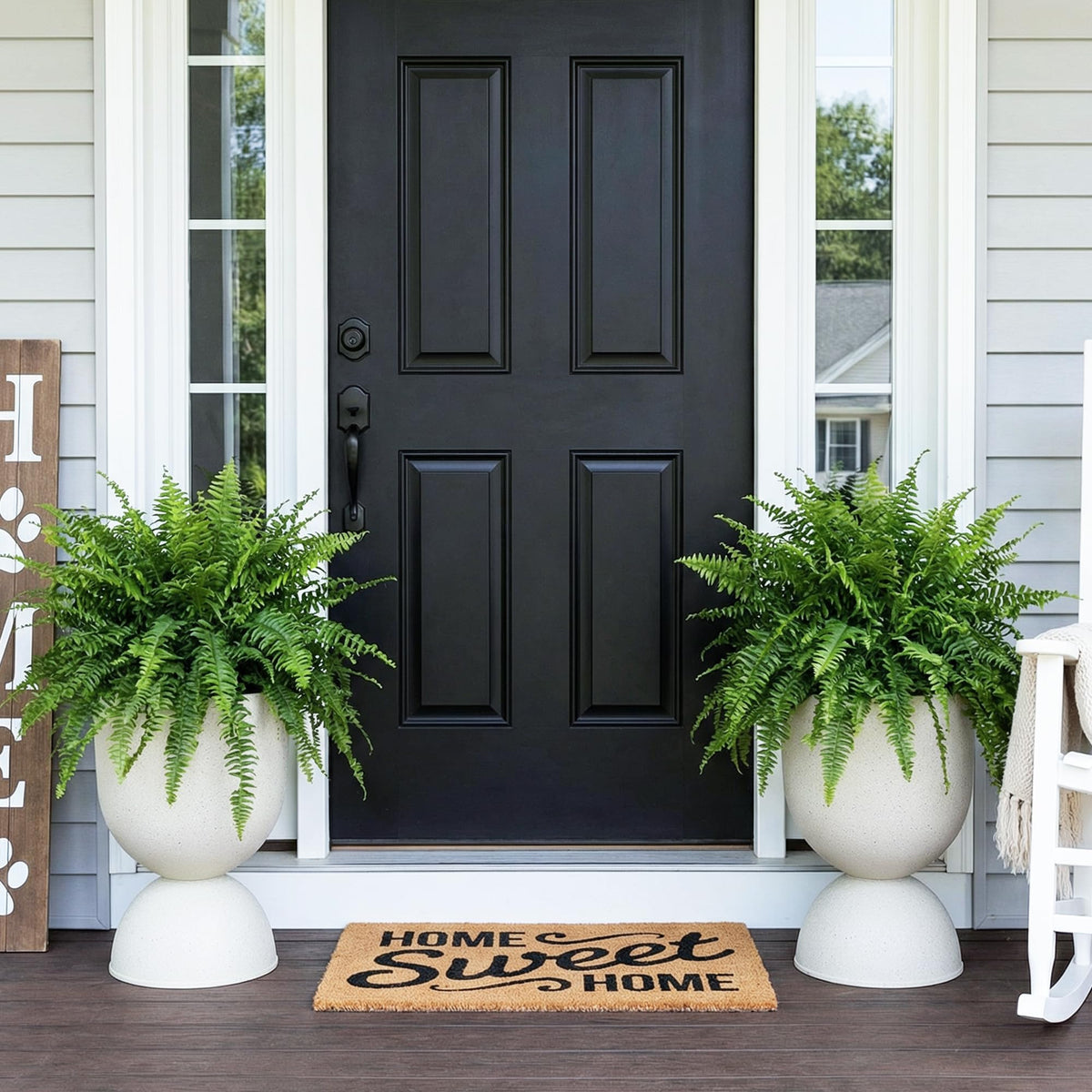 KOL Planters beige urn pedestal, side view, durable outdoor décor for patios