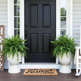 KOL Planters beige urn pedestal, side view, durable outdoor décor for patios