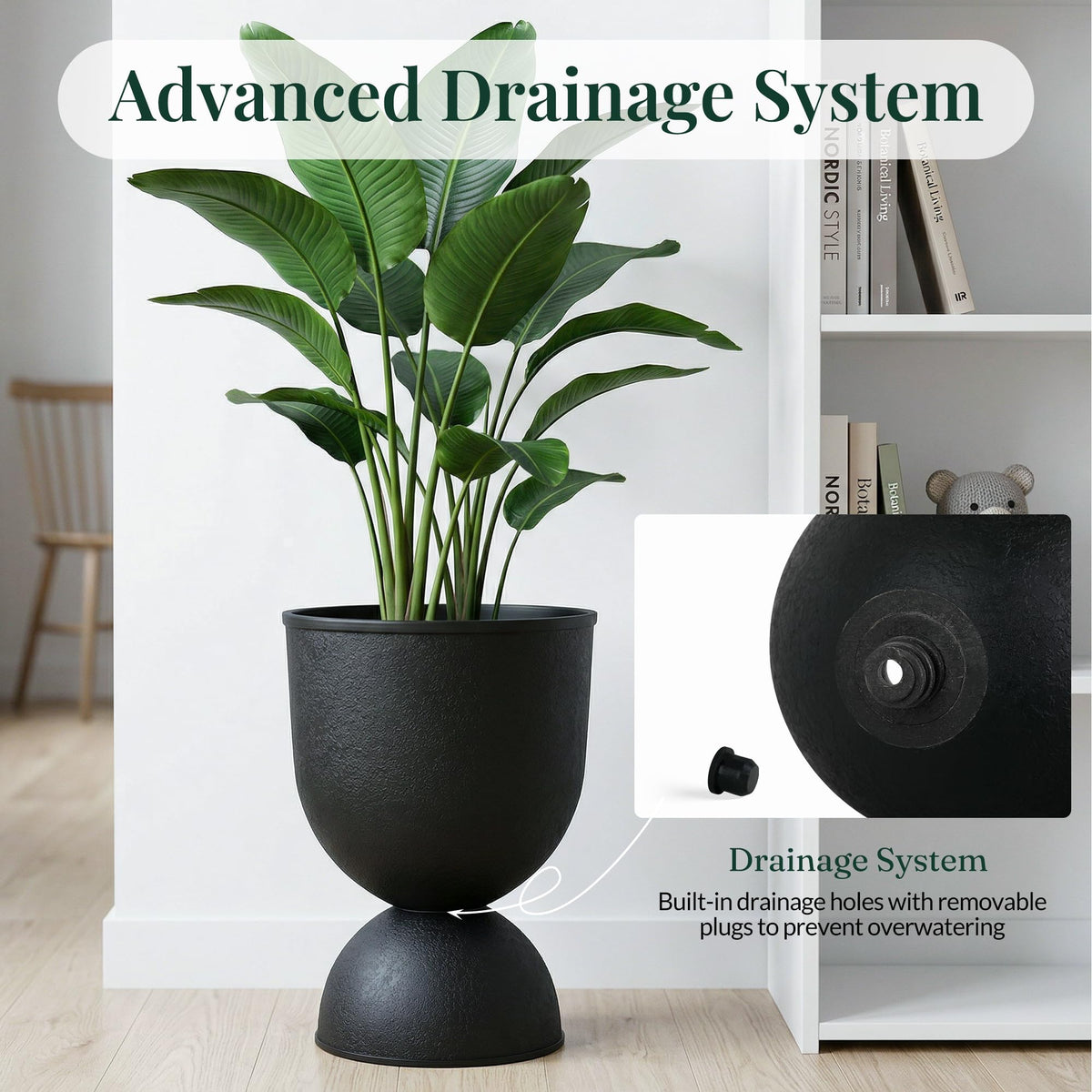 KOL Planters drainage hole plug detail for controlled watering.