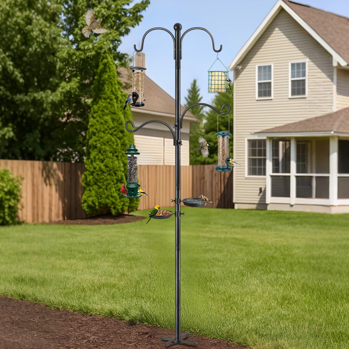 KOLAKO bird feeder station with hooks and mesh tray supports easy feeding.