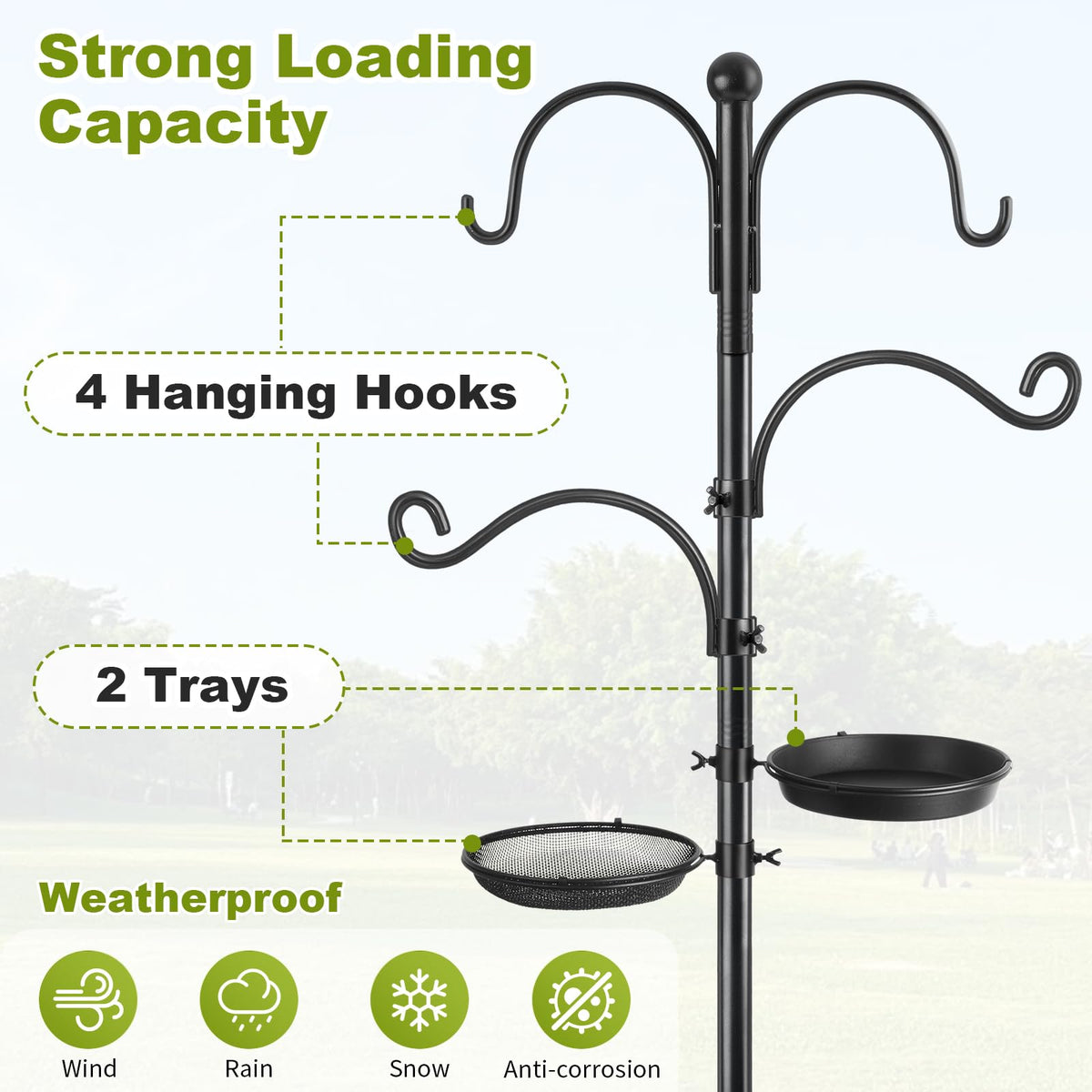 KOLAKO heavy-duty shepherd hooks support diverse feeders and décor.