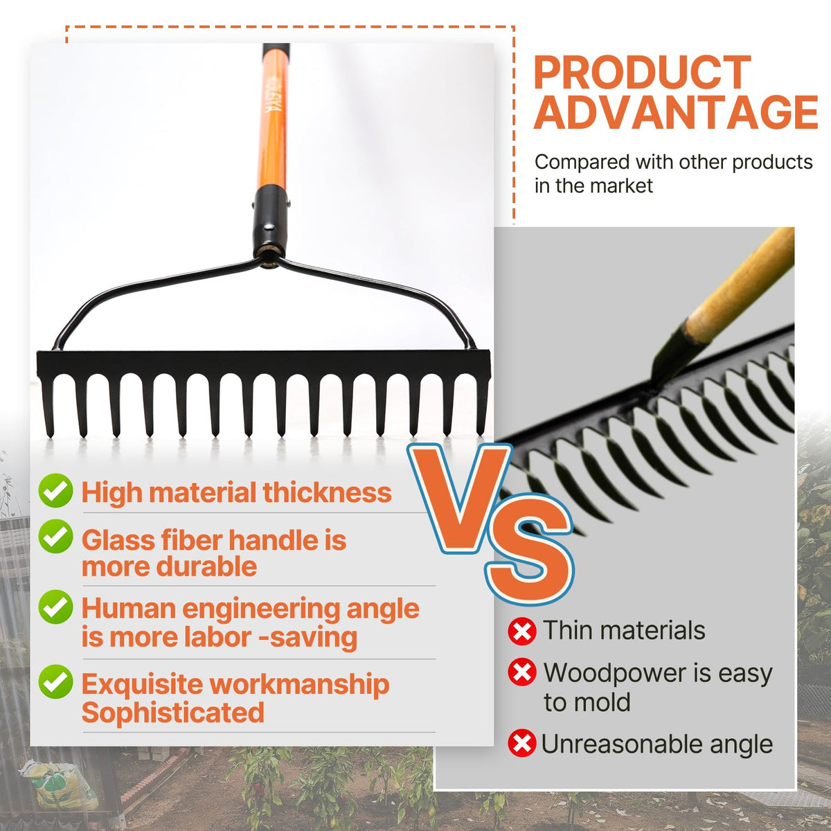 KOLEIYA garden rake biomechanical length supports upright posture for efficiency