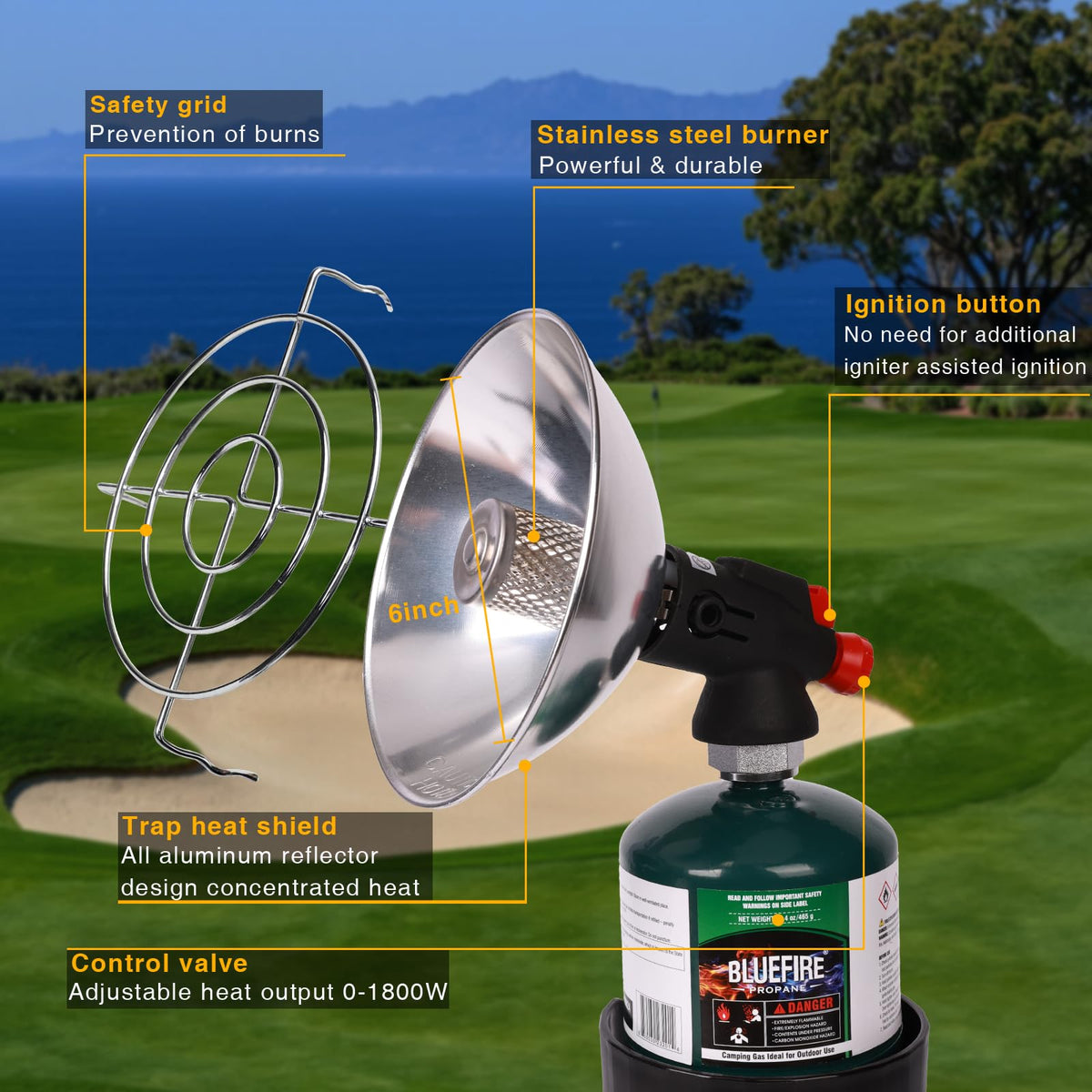 KOMAN cup holder adapter fits golf carts for secure propane heater placement.