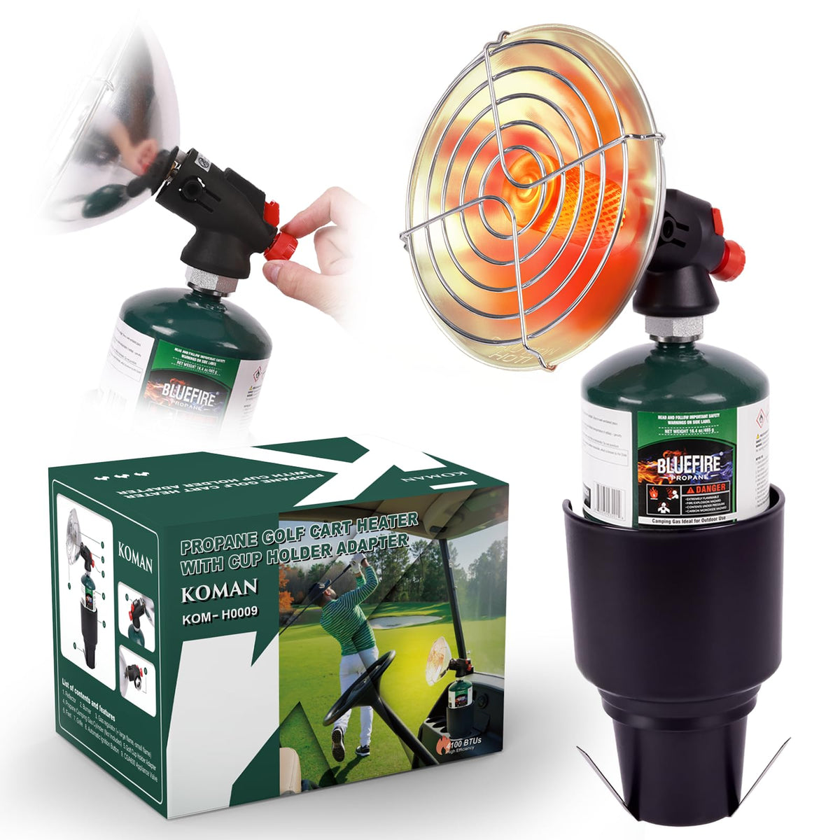 KOMAN golf cart heater front view delivering compact warmth for cold rounds.
