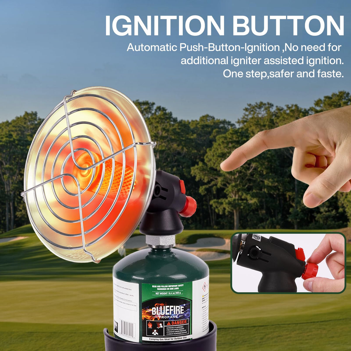 KOMAN golf cart heater ignition button showing easy push-button start for instant heat.