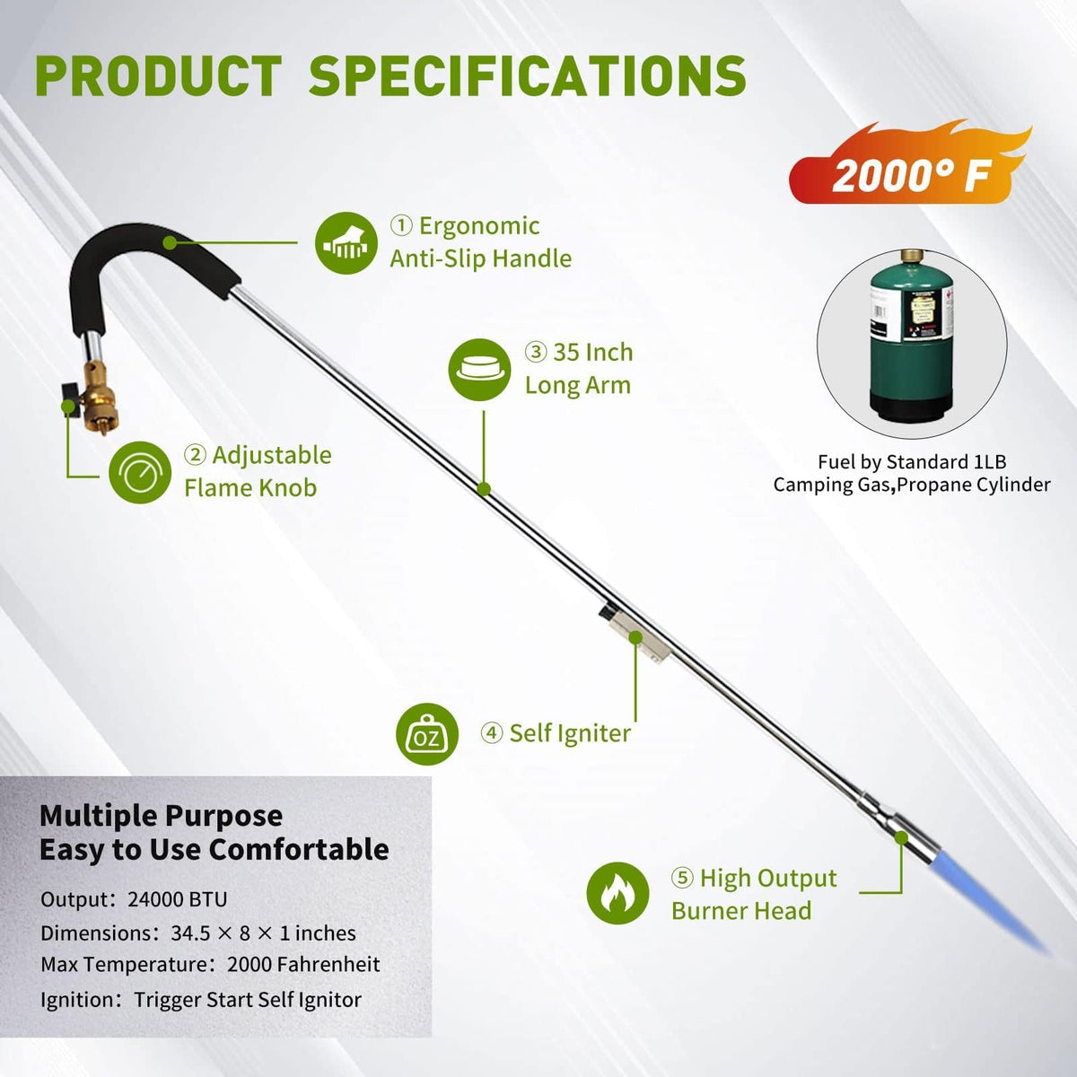 KOMAN weed torch delivers up to 24,000 BTU for fast heating.