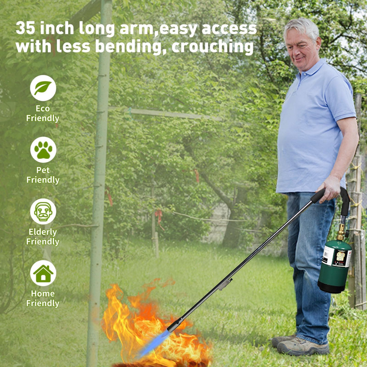 KOMAN weed torch 35 inch reach minimizes bending and fatigue.