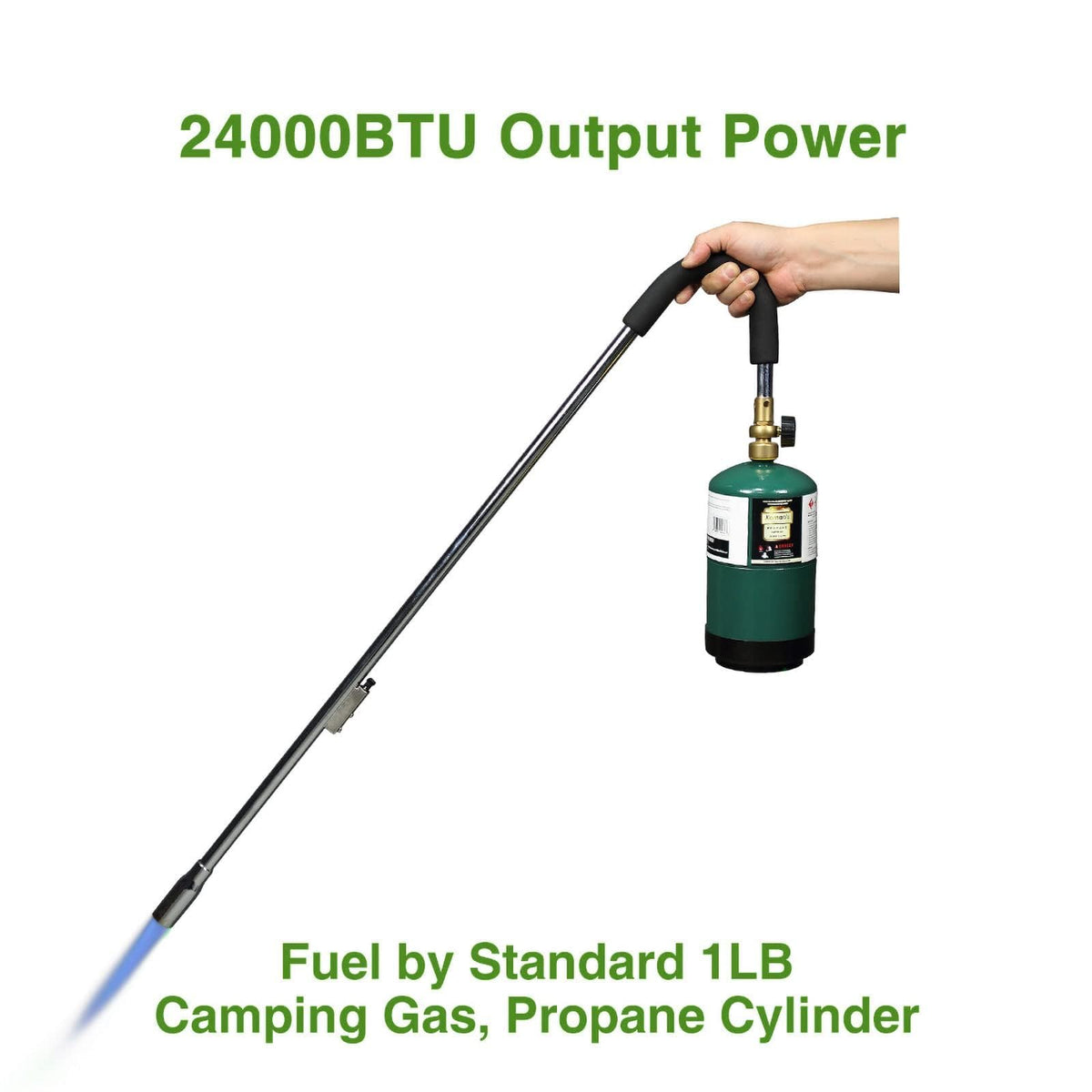 KOMAN propane compatibility with 1 lb cylinders and 5–40 lb tanks.