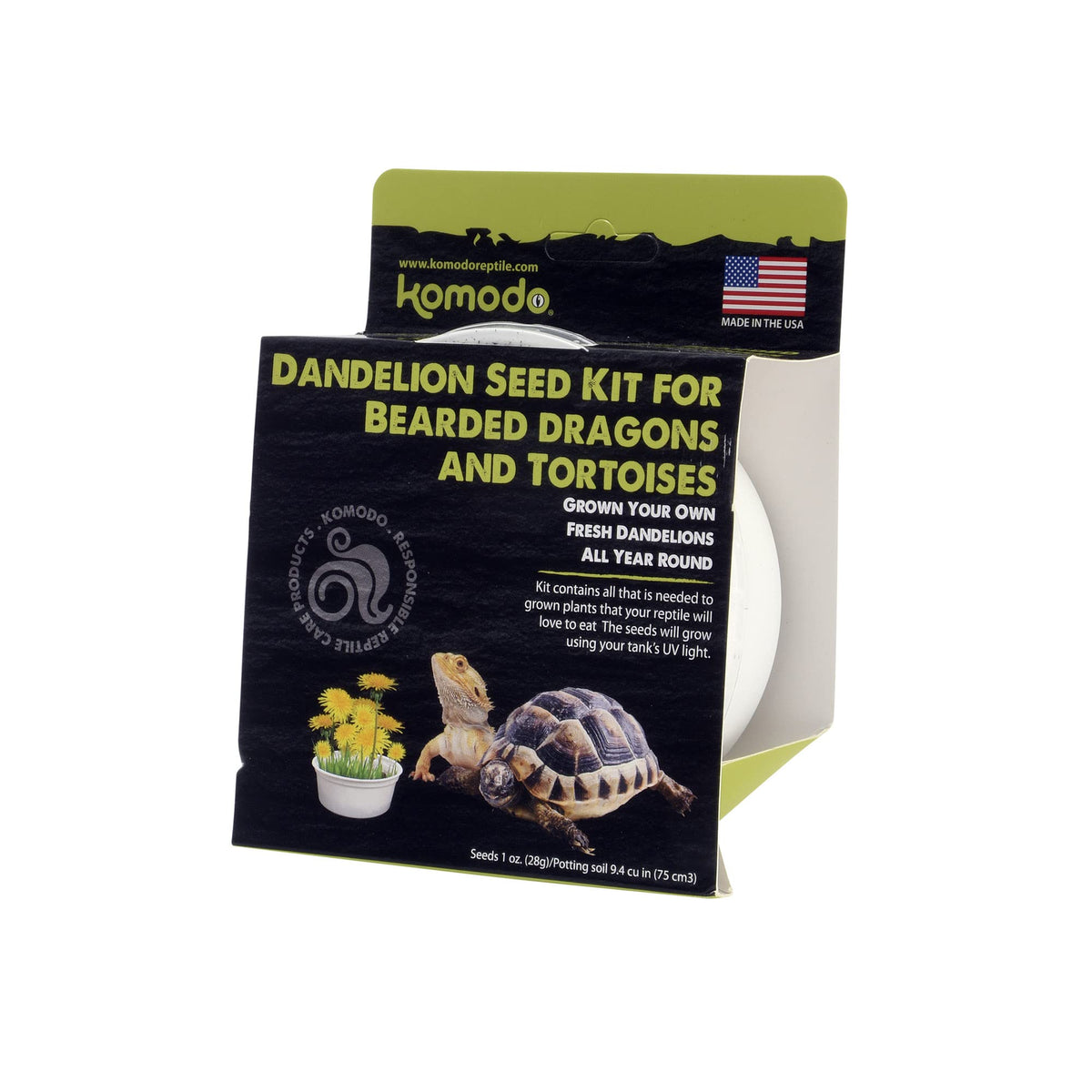 Komodo dandelion kit harvest-ready greens for reptile snacking.