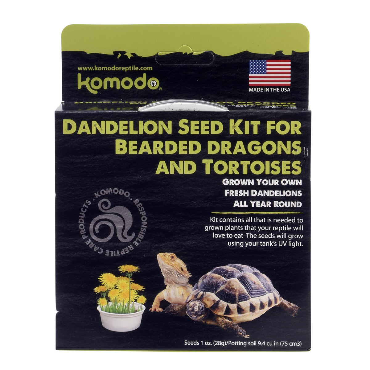 Komodo dandelion kit inside-tank with UV light for year-round greens.