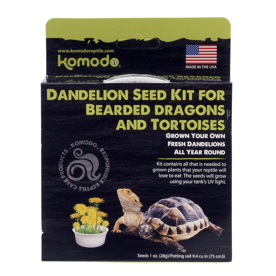 Komodo dandelion kit inside-tank with UV light for year-round greens.