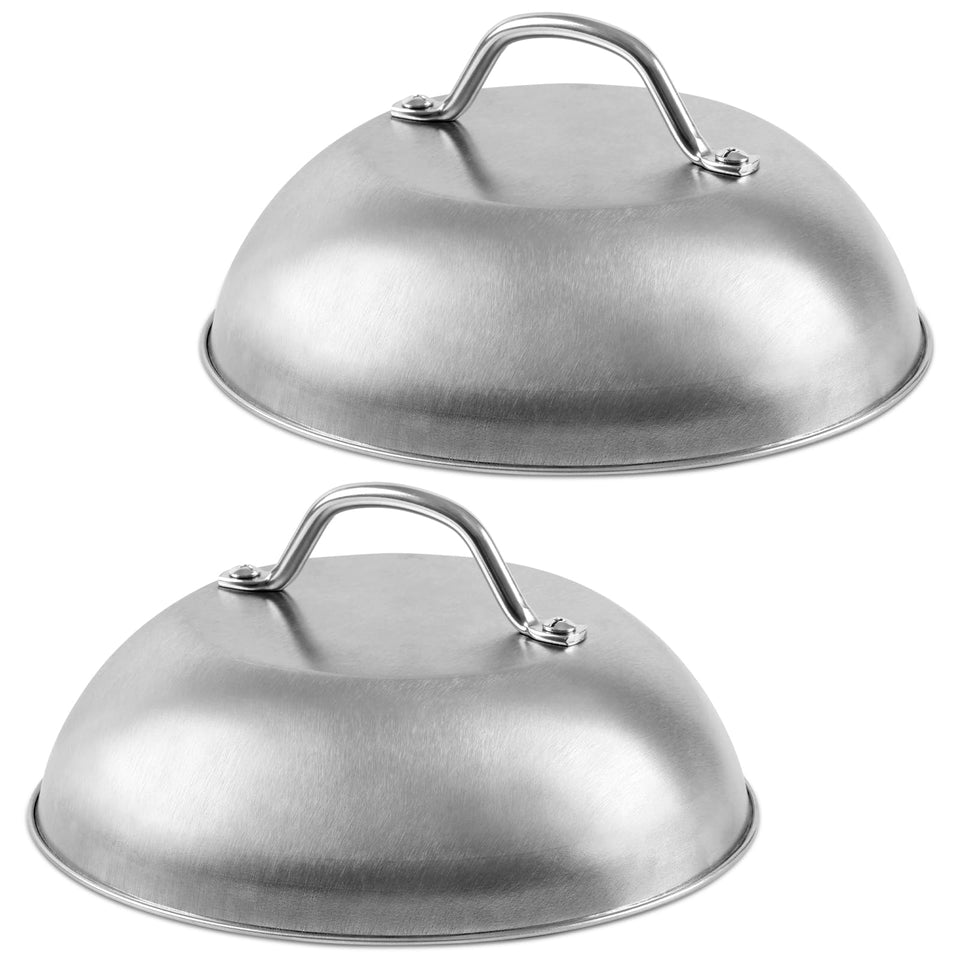 Komokeru 9-inch cheese melting dome pair ready for griddle use, promotes even melt