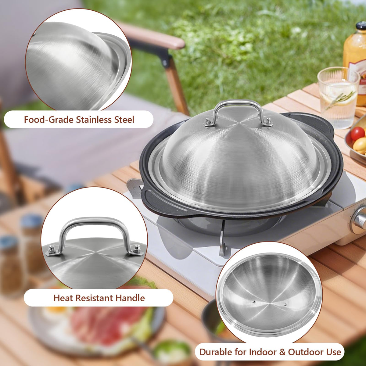 Komokeru cheese dome on flat-top grill ensures even heating.