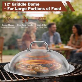 Komokeru 2-pack dome lid covers burgers and veggies.