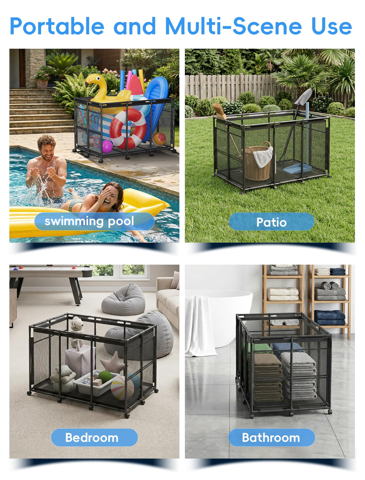 Kompoll setup in outdoor pool area keeps towels and toys tidy