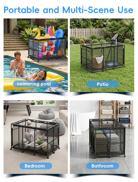 Kompoll setup in outdoor pool area keeps towels and toys tidy