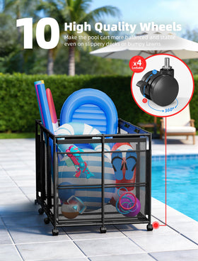 Kompoll pool storage bin open with floats demonstrates quick-dry mesh and organization