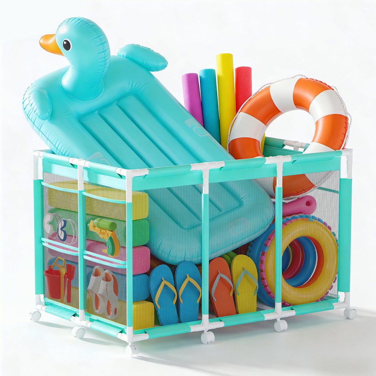 Kompoll pool storage bin with rolling wheels for easy transport around outdoor spaces