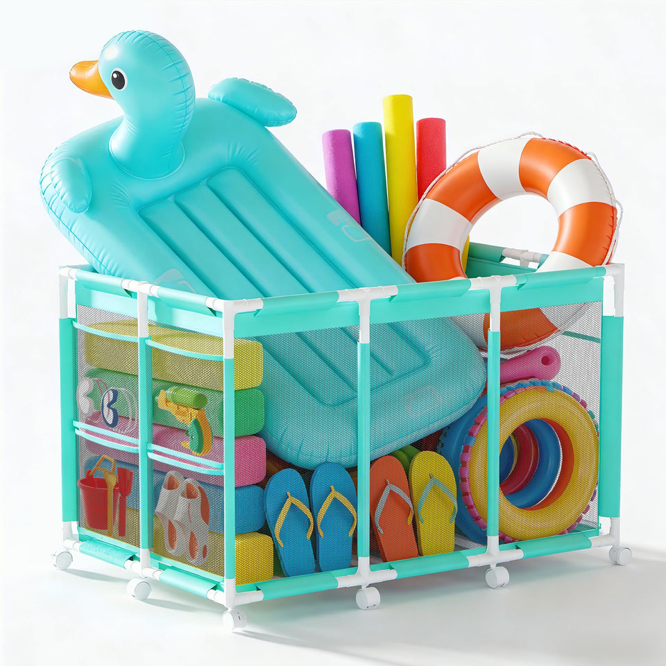 Kompoll pool storage bin with rolling wheels for easy transport around outdoor spaces
