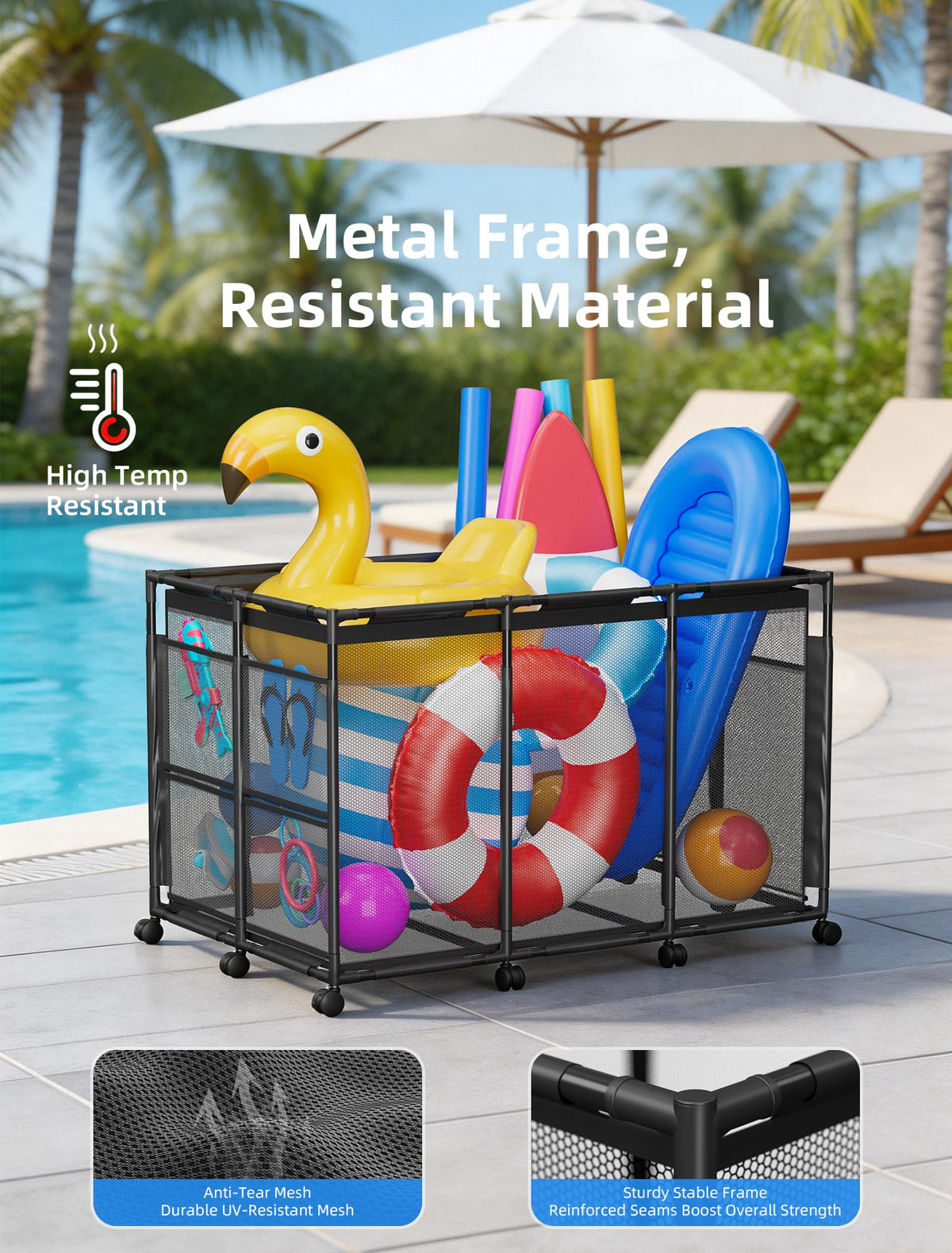 Kompoll pool storage bin side view highlights wheels for easy relocation outdoors