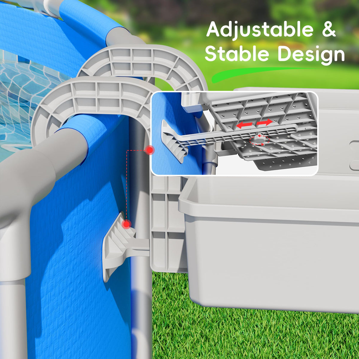 Kompoll adjustable-support-rod adds extra stability between basket and pool.