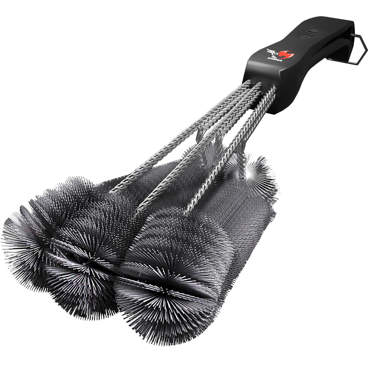 Kona 360 Clean grill brush with an 18-inch handle for safer, hands-free control.
